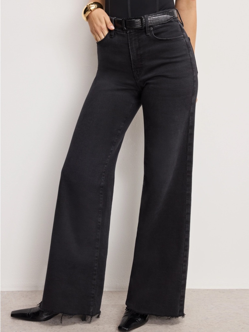 Good American Black High-Rise Wide Leg Jeans